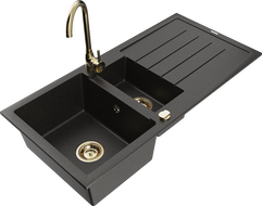 Mexen Andres granite sink 1.5-bowl with drainer and Telma kitchen faucet, black/gold - 6515-75-670200-50