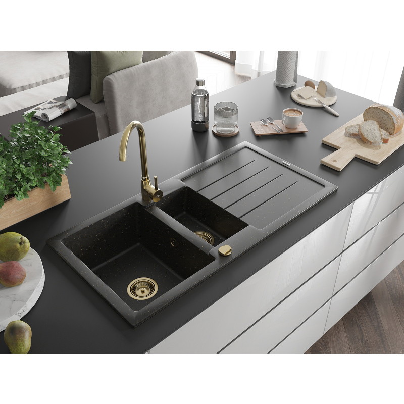 Mexen Andres granite sink 1.5-bowl with drainer and Telma kitchen faucet, black/gold - 6515-75-670200-50