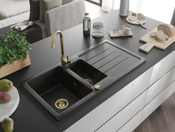 Mexen Andres granite sink 1.5-bowl with drainer and Telma kitchen faucet, black/gold - 6515-75-670200-50