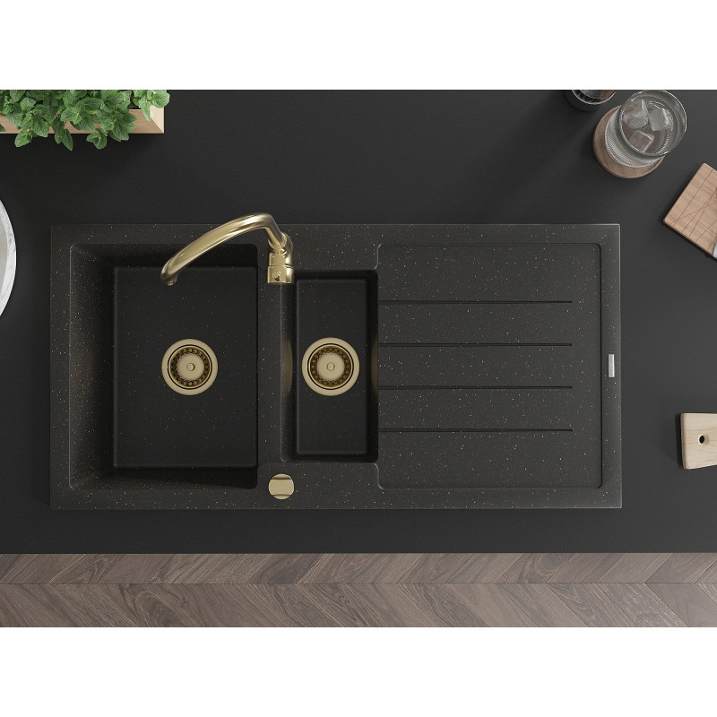 Mexen Andres granite sink 1.5-bowl with drainer and Telma kitchen faucet, black/gold - 6515-75-670200-50