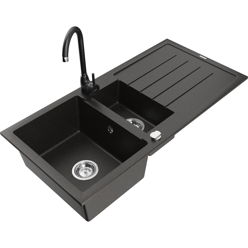 Mexen Andres granite kitchen sink 1.5-bowl with drainer and Telma kitchen faucet, black/gold - 6515-75-670200-70