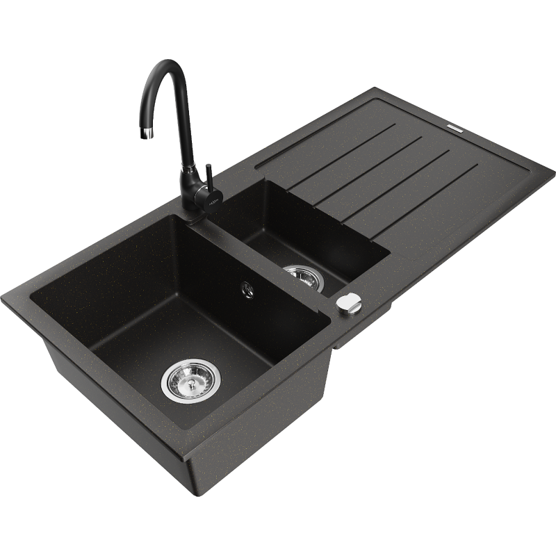 Mexen Andres granite sink 1.5-bowl with drainer and Telma kitchen tap, black/gold - 6515-75-670200-70