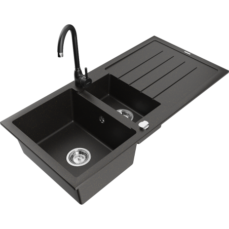 Mexen Andres granite kitchen sink 1.5-bowl with drainer and Telma kitchen faucet, black/gold - 6515-75-670200-70