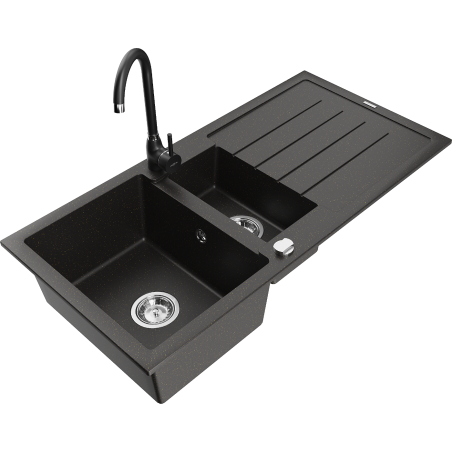 Mexen Andres granite sink 1.5-bowl with drainer and Telma kitchen tap, black/gold - 6515-75-670200-70