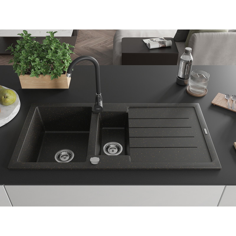 Mexen Andres granite kitchen sink 1.5-bowl with drainer and Telma kitchen faucet, black/gold - 6515-75-670200-70