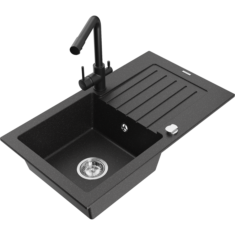 Mexen Pablo 1-compartment granite sink with a drip tray and kitchen mixer tap Duero, Black/Silver metallic - 6510-73-671600-70
