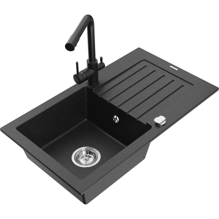 Mexen Pablo granite kitchen sink 1-bowl with drainer and Duero kitchen faucet, black/silver metallic - 6510-73-671600-70