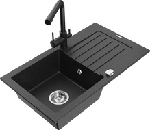 Mexen Pablo granite kitchen sink 1-bowl with drainer and Duero kitchen faucet, black/silver metallic - 6510-73-671600-70