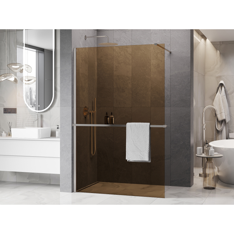 Mexen Kioto+ shower wall with shelf Walk-in 140 x 200 cm, bronze 8 mm, brushed nickel - 800-140-121-97-32