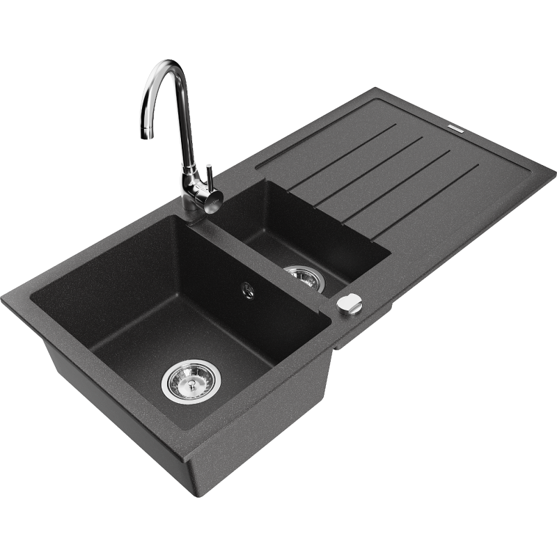 Mexen Andres granite sink 1.5-bowl with drainer and Telma kitchen faucet, speckled black - 6515-76-670200-00