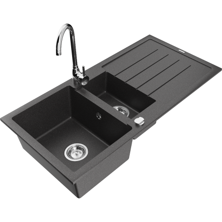 Mexen Andres granite sink 1.5-bowl with drainer and Telma kitchen faucet, speckled black - 6515-76-670200-00