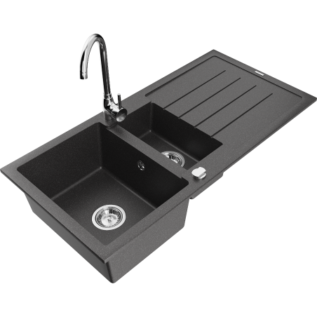 Mexen Andres granite sink 1.5-bowl with drainer and Telma kitchen tap, black speckled - 6515-76-670200-00