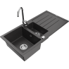 Mexen Andres 1.5-compartment granite sink with a drip tray and kitchen mixer tap Telma, Spotted black - 6515-76-670200-00