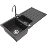 Mexen Andres granite sink 1.5-bowl with drainer and Telma kitchen tap, black speckled - 6515-76-670200-00