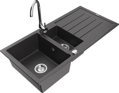 Mexen Andres 1.5-compartment granite sink with a drip tray and kitchen mixer tap Telma, Spotted black - 6515-76-670200-00