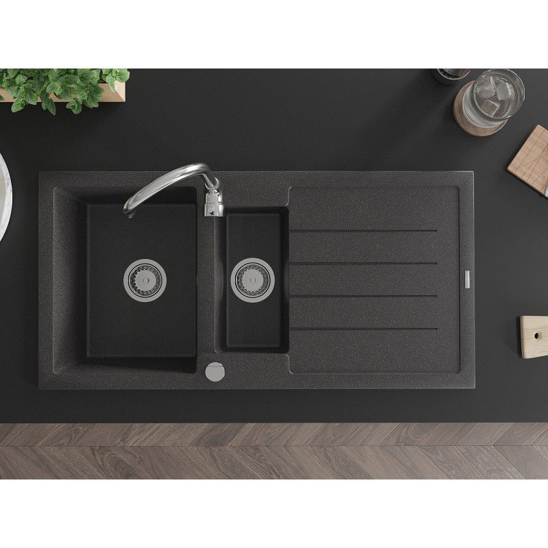Mexen Andres granite sink 1.5-bowl with drainer and Telma kitchen tap, black speckled - 6515-76-670200-00