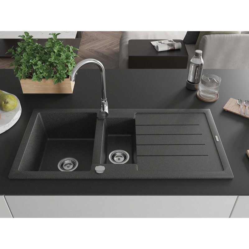Mexen Andres granite sink 1.5-bowl with drainer and Telma kitchen tap, black speckled - 6515-76-670200-00