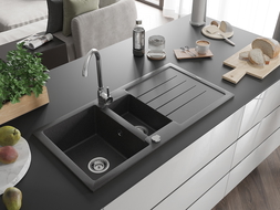 Mexen Andres 1.5-compartment granite sink with a drip tray and kitchen mixer tap Telma, Spotted black - 6515-76-670200-00