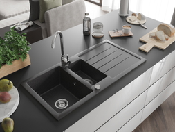 Mexen Andres granite sink 1.5-bowl with drainer and Telma kitchen faucet, speckled black - 6515-76-670200-00