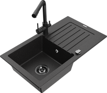 Mexen Pablo granite single-bowl sink with drainer and Duero kitchen faucet, black/silver metallic - 6510-73-671600-70-B