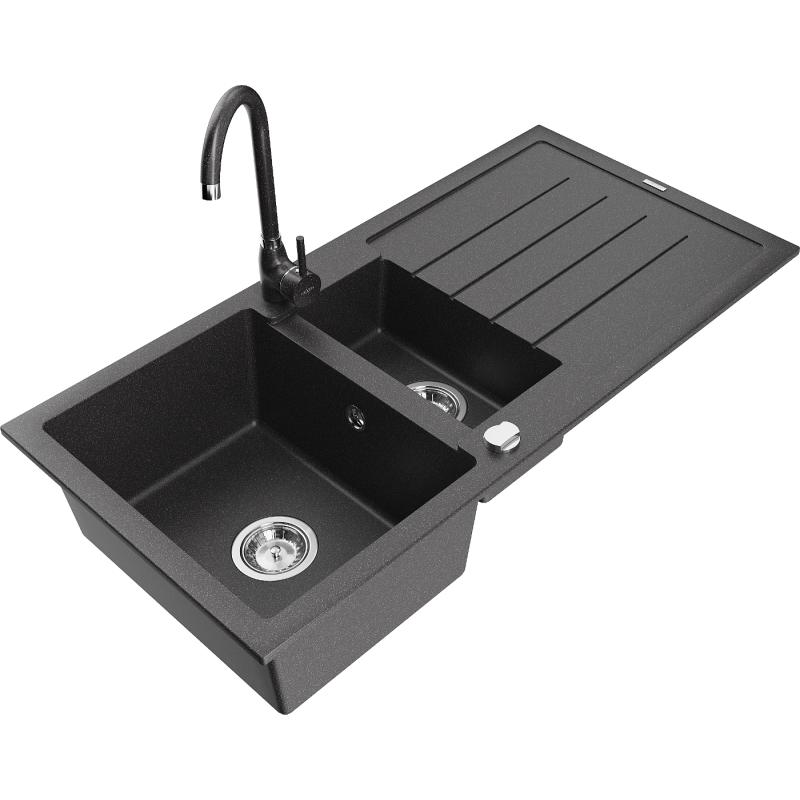 Mexen Andres 1.5-compartment granite sink with a drip tray and kitchen mixer tap Telma, Spotted black - 6515-76-670200-76