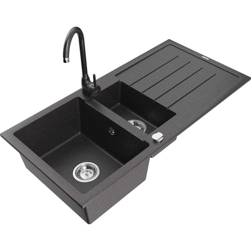 Mexen Andres granite sink 1.5-bowl with drainer and Telma kitchen faucet, black speckled - 6515-76-670200-76