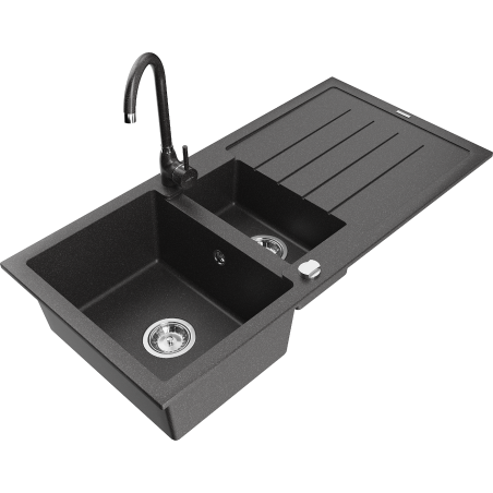 Mexen Andres granite sink 1.5-bowl with drainer and Telma kitchen faucet, black speckled - 6515-76-670200-76