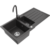 Mexen Andres granite sink 1.5-bowl with drainer and Telma kitchen faucet, black speckled - 6515-76-670200-76