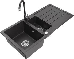 Mexen Andres 1.5-compartment granite sink with a drip tray and kitchen mixer tap Telma, Spotted black - 6515-76-670200-76