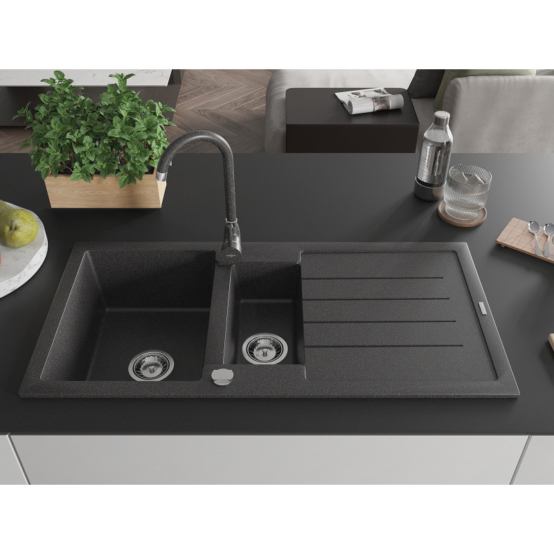 Mexen Andres granite sink 1.5-bowl with drainer and Telma kitchen faucet, black speckled - 6515-76-670200-76