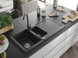 Mexen Andres granite sink 1.5-bowl with drainer and Telma kitchen faucet, black speckled - 6515-76-670200-76