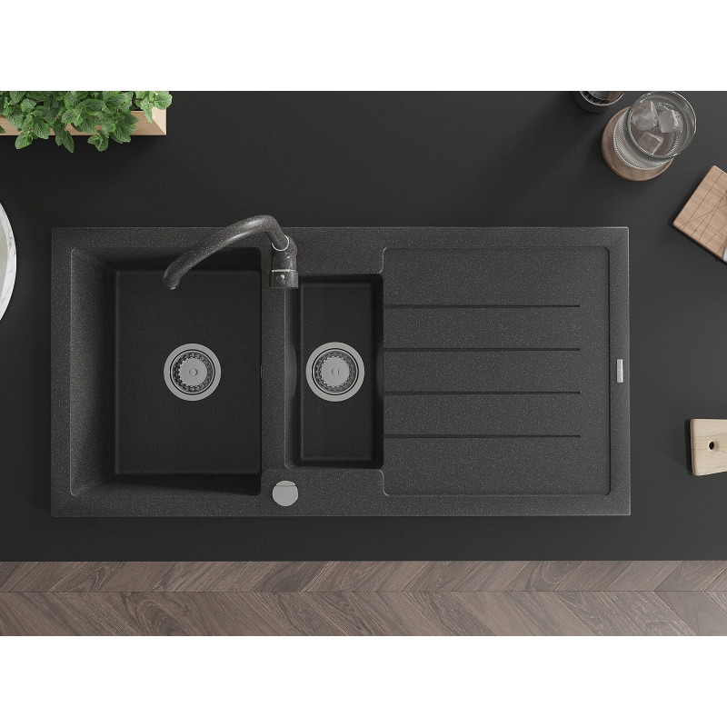 Mexen Andres granite sink 1.5-bowl with drainer and Telma kitchen faucet, black speckled - 6515-76-670200-76