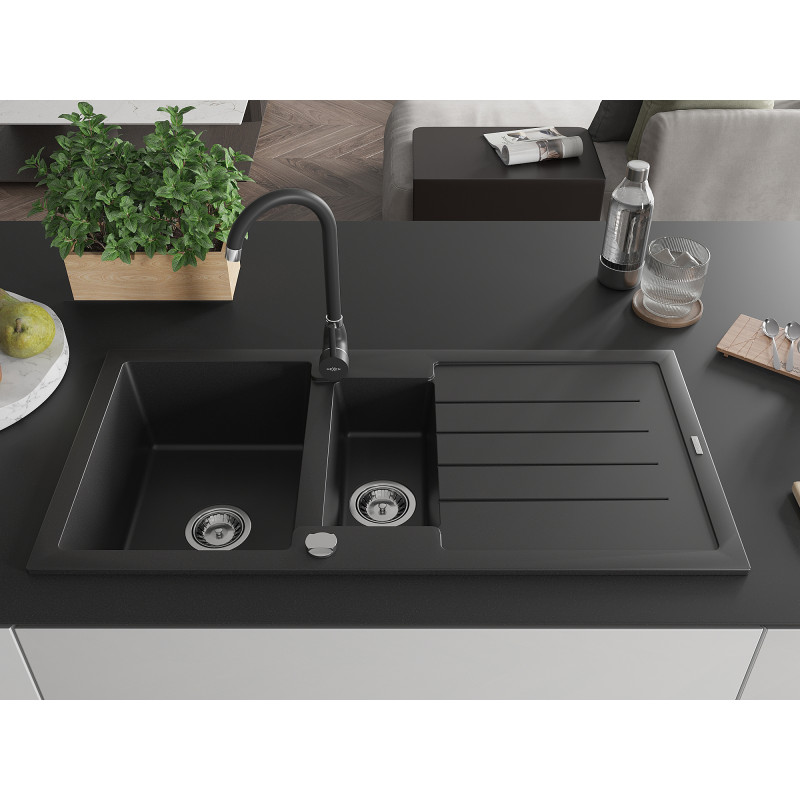 Mexen Andres 1.5-bowl granite sink with drainer and kitchen faucet Telma, black - 6515-77-670200-70