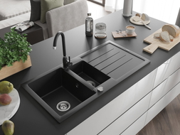 Mexen Andres 1.5-bowl granite sink with drainer and kitchen faucet Telma, black - 6515-77-670200-70