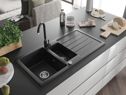 Mexen Andres 1.5-bowl granite sink with drainer and Telma kitchen tap, black - 6515-77-670200-70