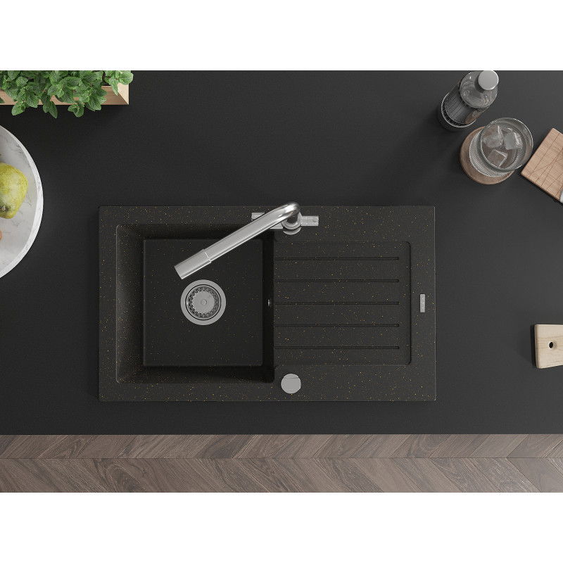 Mexen Pablo granite sink 1-bowl with drainer and Duero kitchen tap, black/gold metallic - 6510-75-671600-00