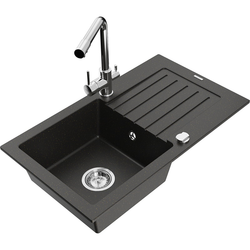 Mexen Pablo 1-bowl granite kitchen sink with drainer and Duero kitchen faucet, black/gold metallic - 6510-75-671600-00