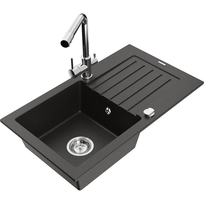 Mexen Pablo 1-compartment granite sink with a drip tray and kitchen mixer tap Duero, Black/Gold metallic - 6510-75-671600-00