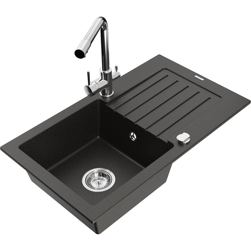 Mexen Pablo granite sink 1-bowl with drainer and Duero kitchen tap, black/gold metallic - 6510-75-671600-00