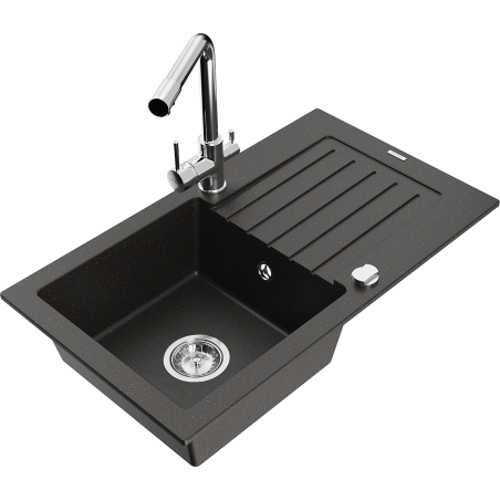 Mexen Pablo granite sink 1-bowl with drainer and Duero kitchen tap, black/gold metallic - 6510-75-671600-00