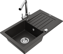 Mexen Pablo 1-bowl granite kitchen sink with drainer and Duero kitchen faucet, black/gold metallic - 6510-75-671600-00