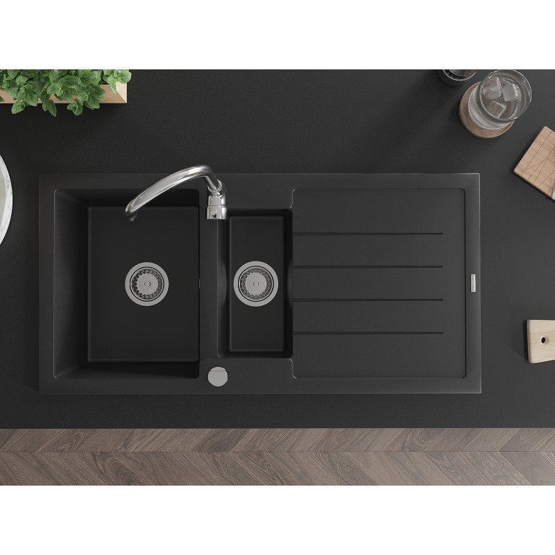 Mexen Andres granite sink 1.5-bowl with drainer and Telma kitchen faucet, black - 6515-77-670200-00