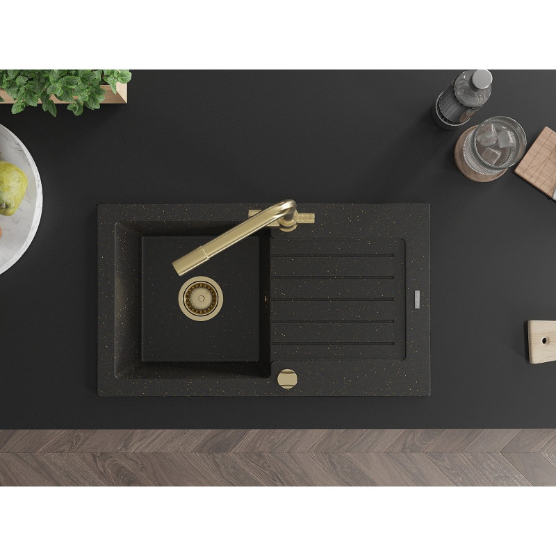 Mexen Pablo granite kitchen sink 1-bowl with drainer and Duero kitchen faucet, black/golden metallic - 6510-75-671600-50