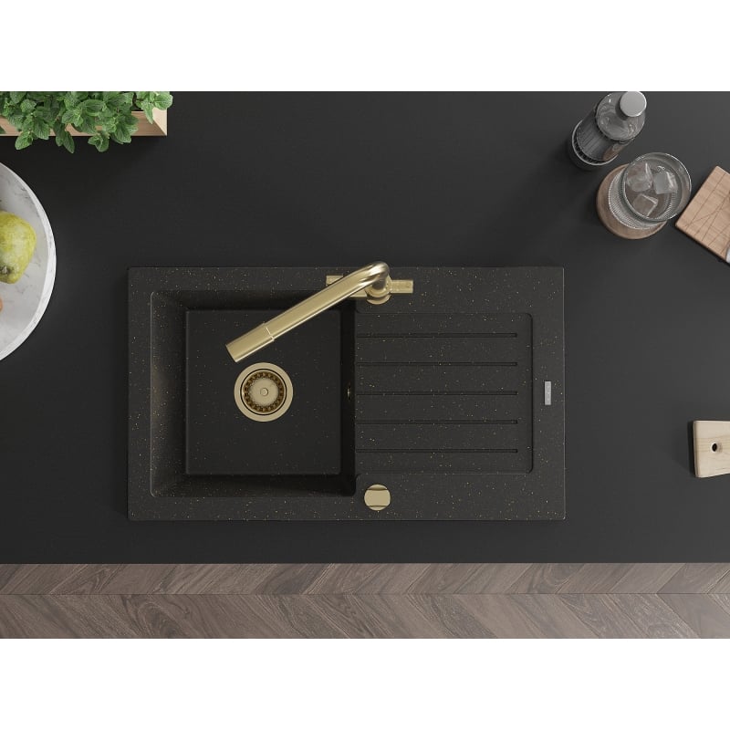 Mexen Pablo granite kitchen sink 1-bowl with drainer and faucet Duero, black/golden metallic - 6510-75-671600-50