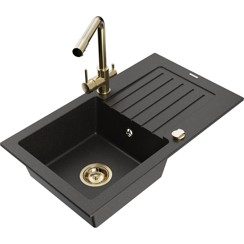 Mexen Pablo 1-compartment granite sink with a drip tray and kitchen mixer tap Duero, Black/Gold metallic - 6510-75-671600-50