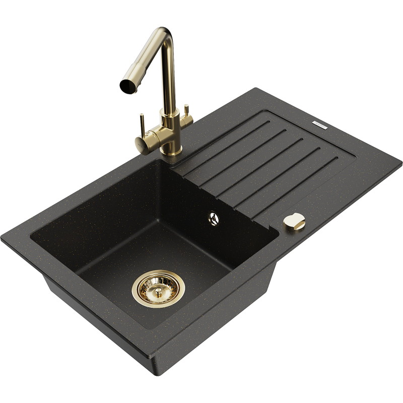 Mexen Pablo granite kitchen sink 1-bowl with drainer and faucet Duero, black/golden metallic - 6510-75-671600-50