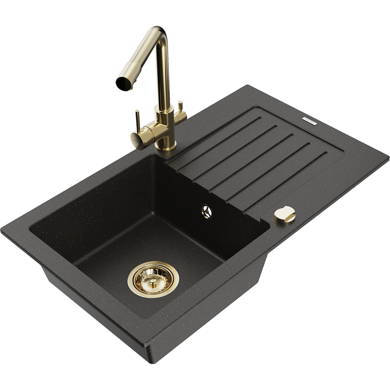 Mexen Pablo single-bowl granite sink with drainer and Duero kitchen tap, black/gold metallic - 6510-75-671600-50