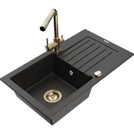 Mexen Pablo granite kitchen sink 1-bowl with drainer and Duero kitchen faucet, black/golden metallic - 6510-75-671600-50