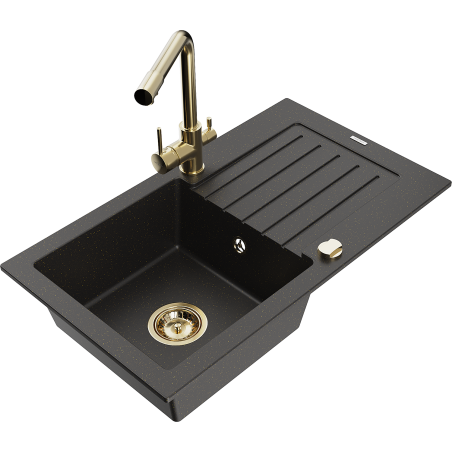 Mexen Pablo single-bowl granite sink with drainer and Duero kitchen tap, black/gold metallic - 6510-75-671600-50
