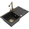Mexen Pablo granite kitchen sink 1-bowl with drainer and Duero kitchen faucet, black/golden metallic - 6510-75-671600-50